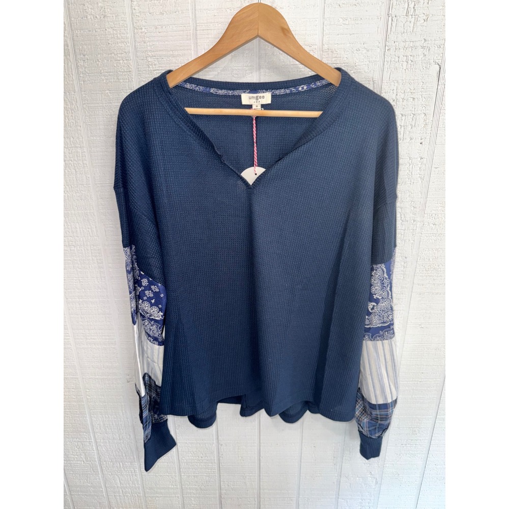 Umgee Waffle Knit Top Women Navy Blue Patchwork Bandana Sleeve V-Neck M NEW